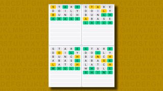 Quordle Daily Sequence answers for game 972 on a yellow background