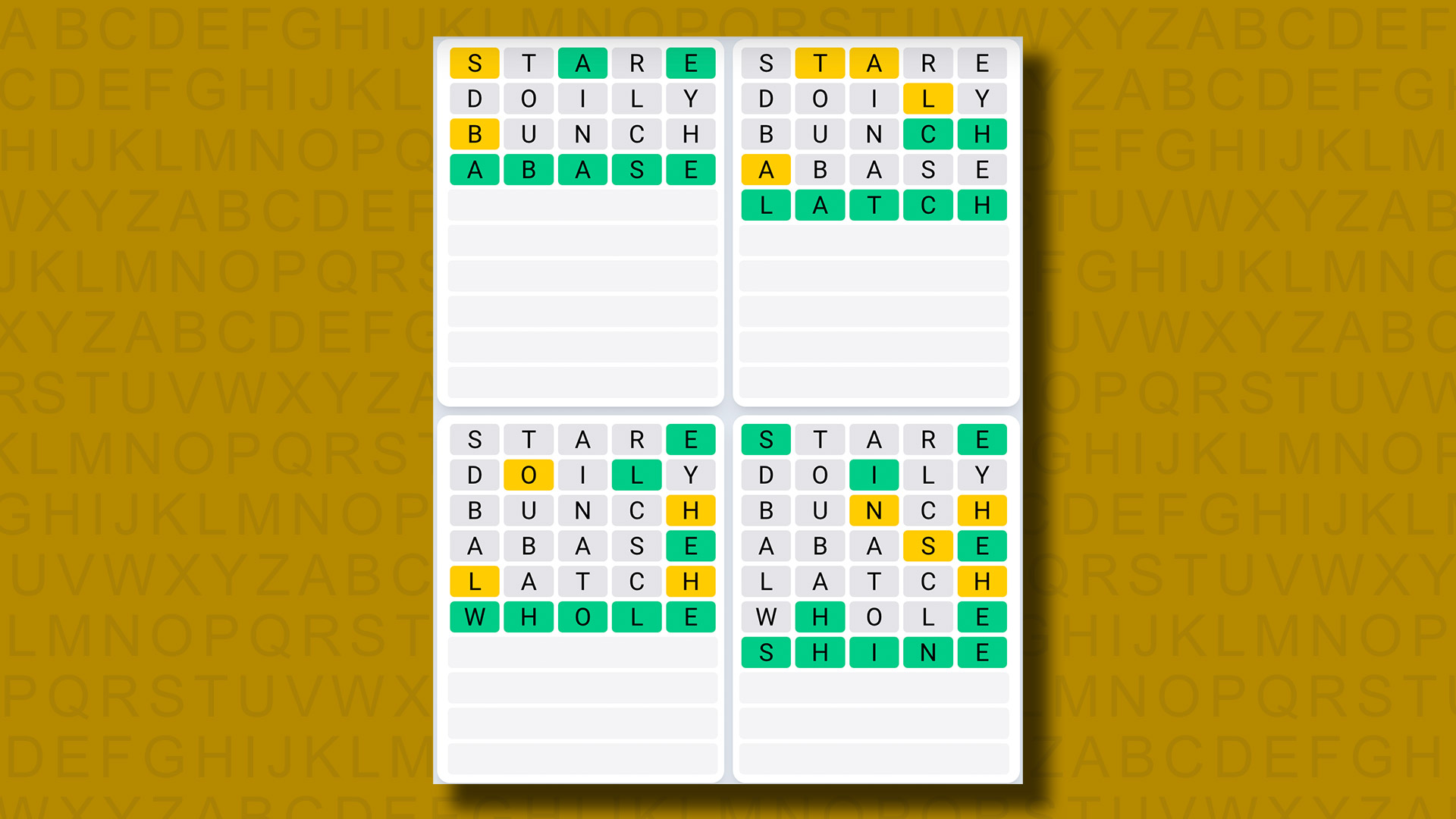 Quordle Daily Sequence Answers for Game 972 on a Yellow Background