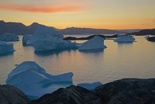 Icebergs from the eastern side of the Greenland ice sheet (in the far distance) rest in a protected cove along the southwestern edge of Amitsoq Island, southeastern Greenland.