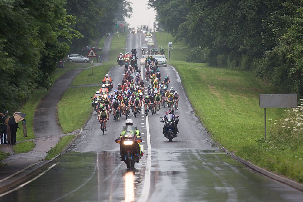 The peloton rides in one of the many rain showers during the Aviva Women's Tour 2016 - Stage 2