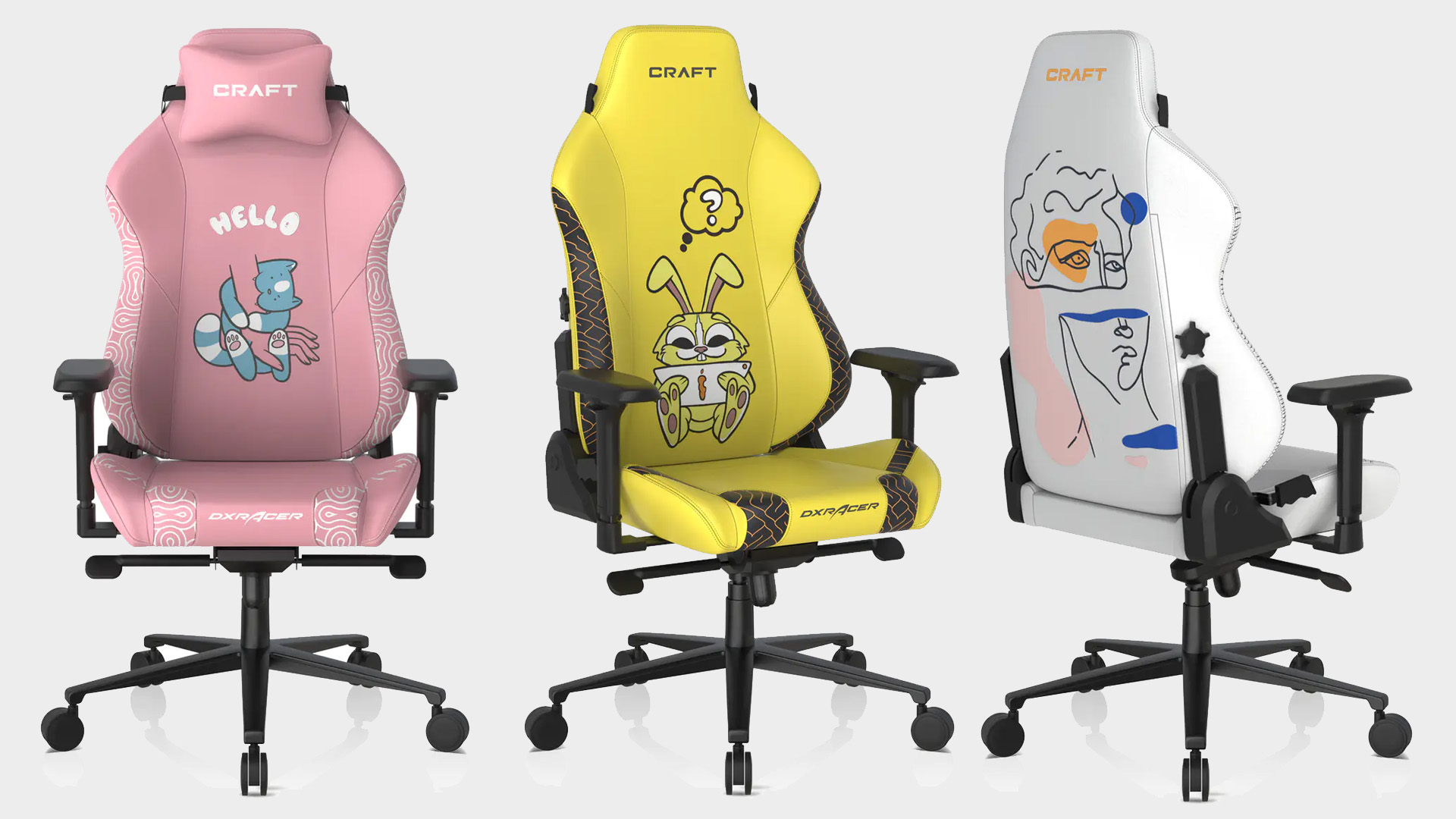 DXRacer Craft Series chairs in various colours, including pink, grey, and yellow