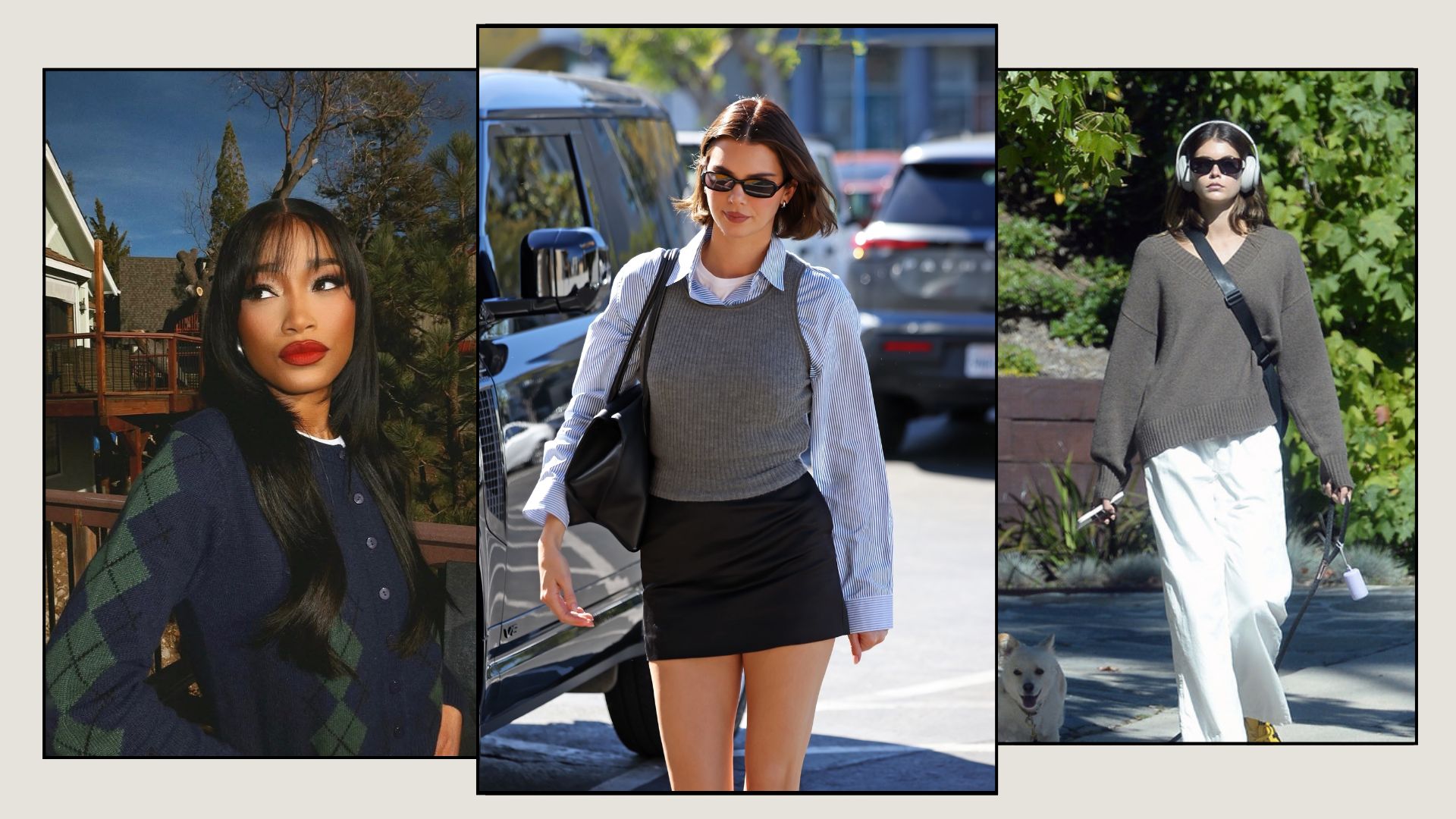 Keke Palmer wears an argyle clara cardigan, Kendall Jenner wears a striped shirt, grey vest and black mini skirt, Kaia Gerber wears a cashmere jumper and white trousers 