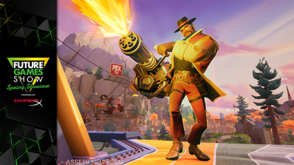 Last Flag character with minigun and future games show 2026 spring showcase logo