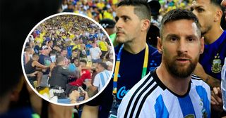Lionel Messi of Argentina talks to teammates as as the match was delayed due to incidents in the stands during a FIFA World Cup 2026 Qualifier match between Brazil and Argentina at Maracana Stadium on November 21, 2023 in Rio de Janeiro, Brazil.