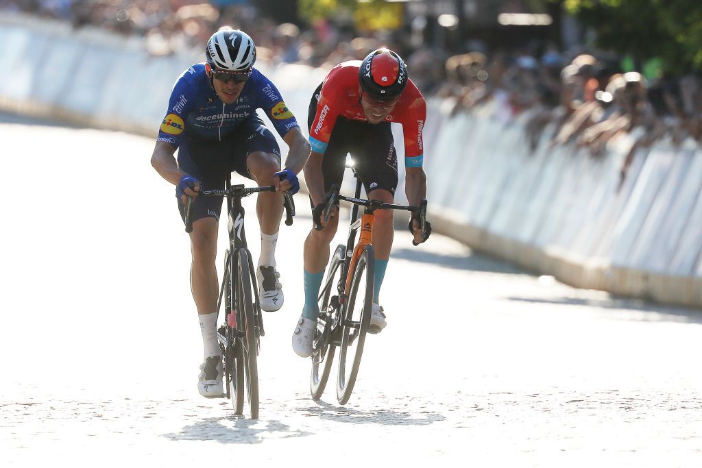 CHELM POLAND AUGUST 09 LR Alvaro Jose Hodeg Chagui of Colombia and Team Deceuninck QuickStep Phil Bauhaus of Germany and Team Bahrain Victorious sprint at finish line during the 78th Tour de Pologne 2021 Stage 1 a 216km stage from Lublin to Chem 212m TourdePologne TDP2021 UCIWT on August 09 2021 in Chelm Poland Photo by Bas CzerwinskiGetty Images
