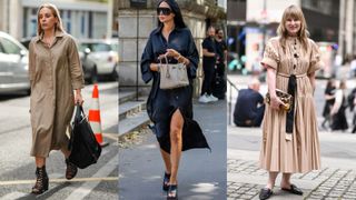 three women in casual shirt dresses