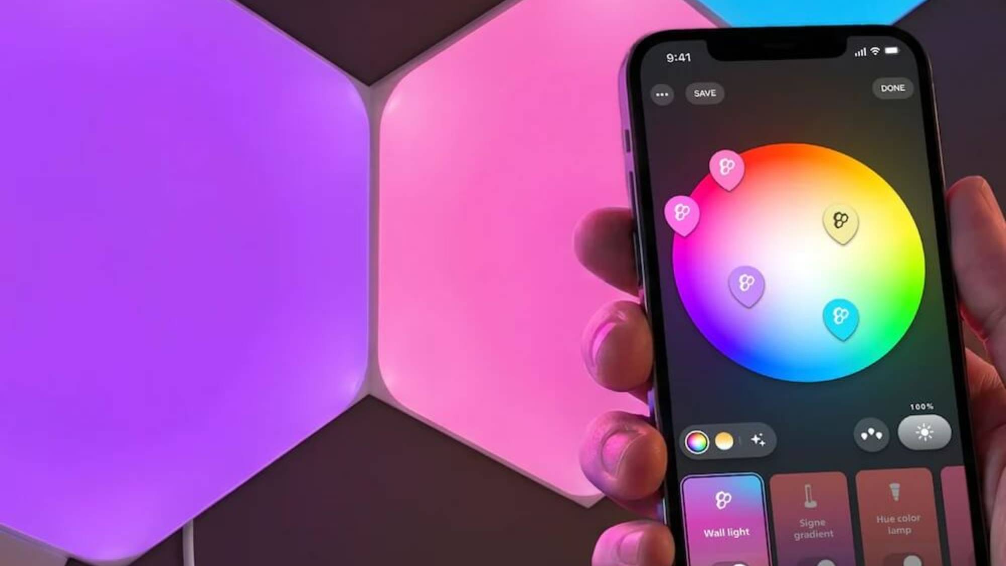The philips hue app showing nanoleaf shapes