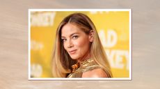 Michelle Monaghan is pictured with blonde balayage hair and wearing a gold dress at the premiere of "Bad Monkey" held at the Billy Wilder Theater at the Hammer Museum on August 12, 2024 in Los Angeles, California/ in a grey to beige sunset-style template