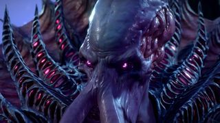 Baldur's Gate 3 mind flayer with pale purple skin and facial tentacles stares ahead with glowing yellow eyes