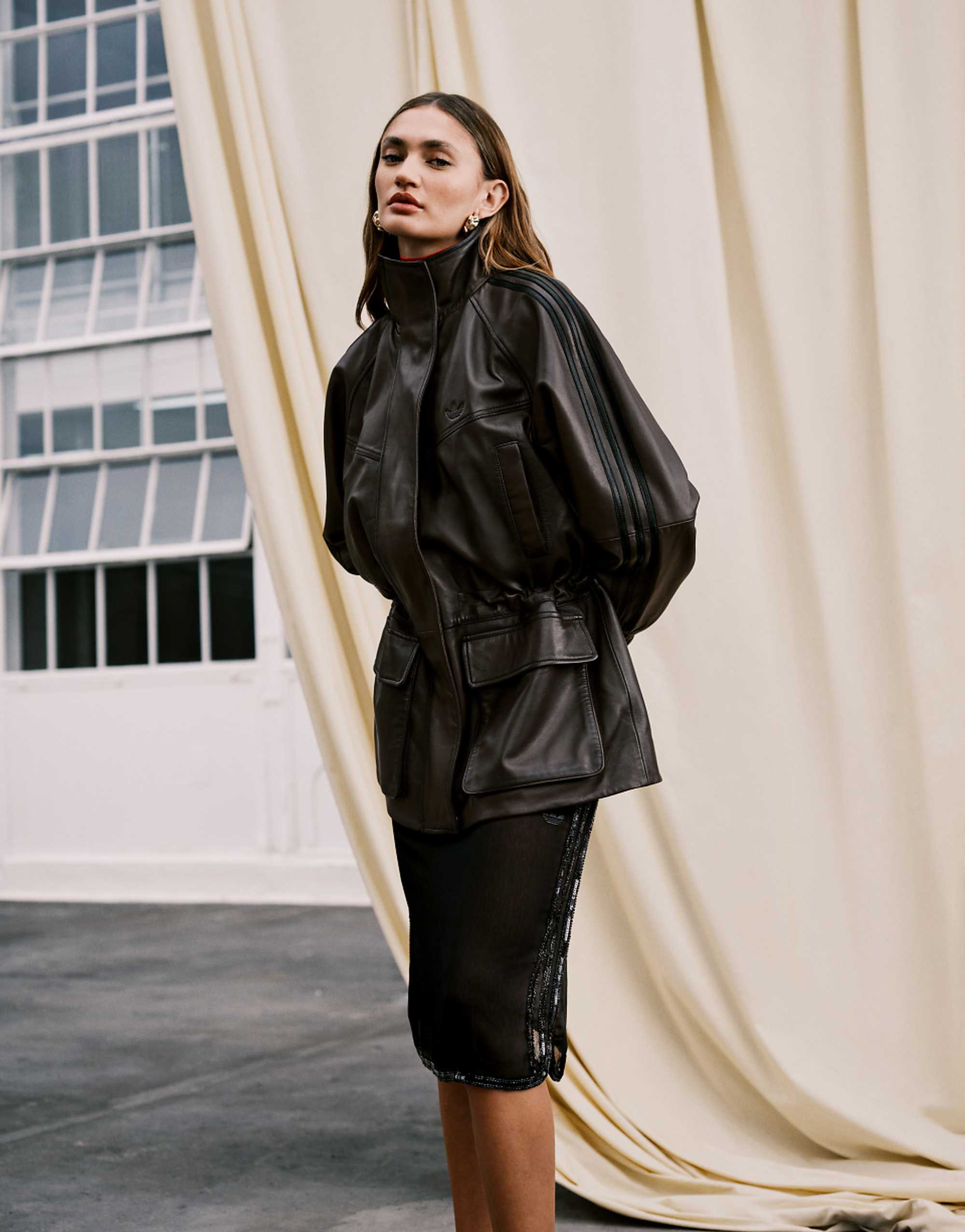 Adidas Originals X Asos Leather Jacket With Funnel Neck in Brown