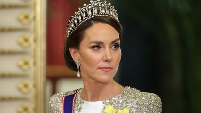 Catherine, Princess of Wales during the State Banquet at Buckingham Palace on November 22, 2022 in London, England. This is the first state visit hosted by the UK with King Charles III as monarch, and the first state visit here by a South African leader since 2010.