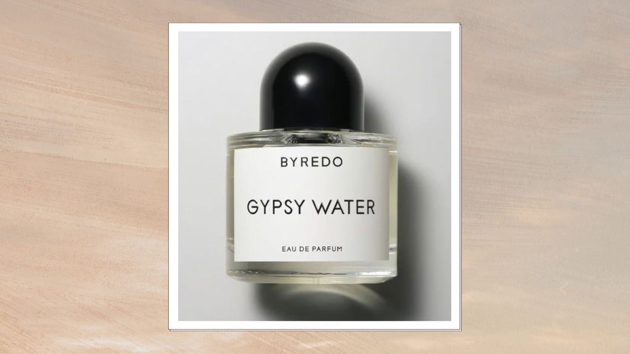 A close up of Byredo Gypsy Water Eau de parfum in a grey and beige sunset template