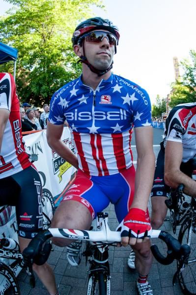 Eric Young (Bissell) at the start of his last crit before having to defend the stars and stripes jersey next week.