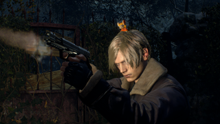 Leon fires a gun to the right while a tiny, mouse version of Ashley perches in his hair.