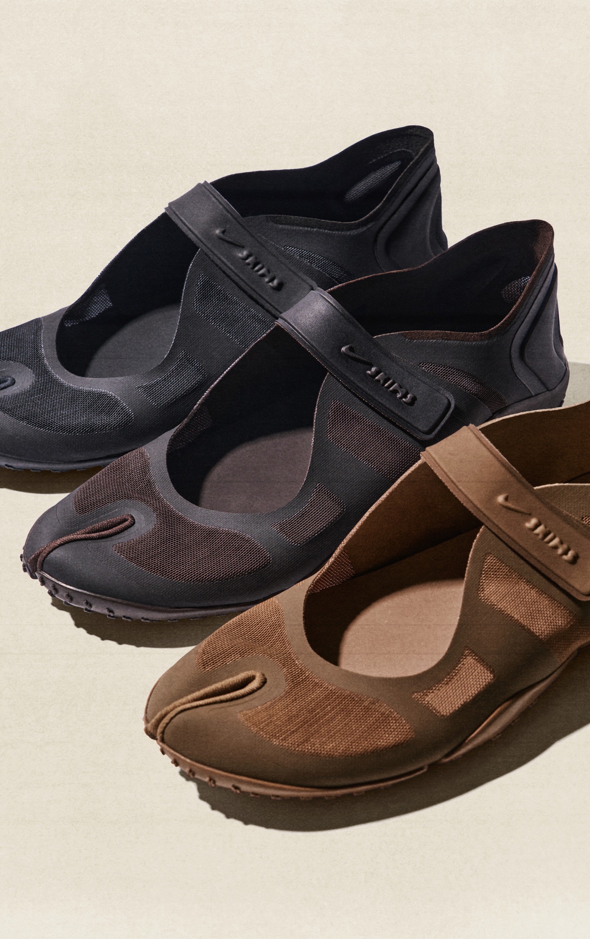 Three NikeSKIMS Rift Mesh shoes created by Kim Kardashian