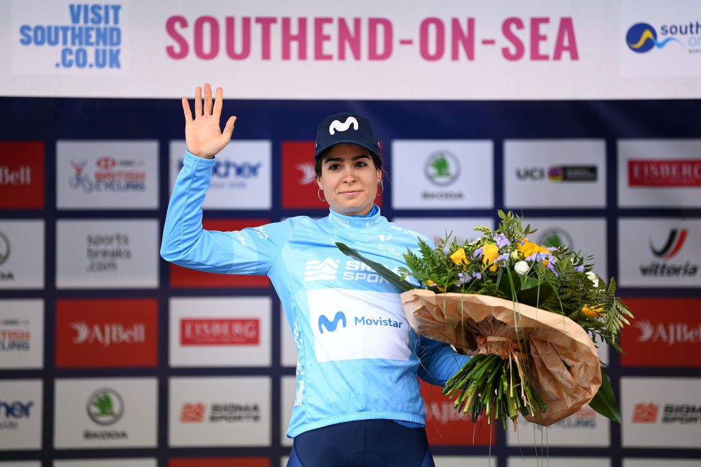 SOUTHEND ENGLAND OCTOBER 07 Sheyla Gutierrez Ruiz of Spain and Movistar Team celebrates winning the Turquoise points jersey on the podium ceremony after the 7th The Womens Tour 2021 Stage 4 a 1178km stage from Shoeburyness to SouthendonSea thewomenstour UCIWWT on October 07 2021 in Southend England Photo by Justin SetterfieldGetty Images