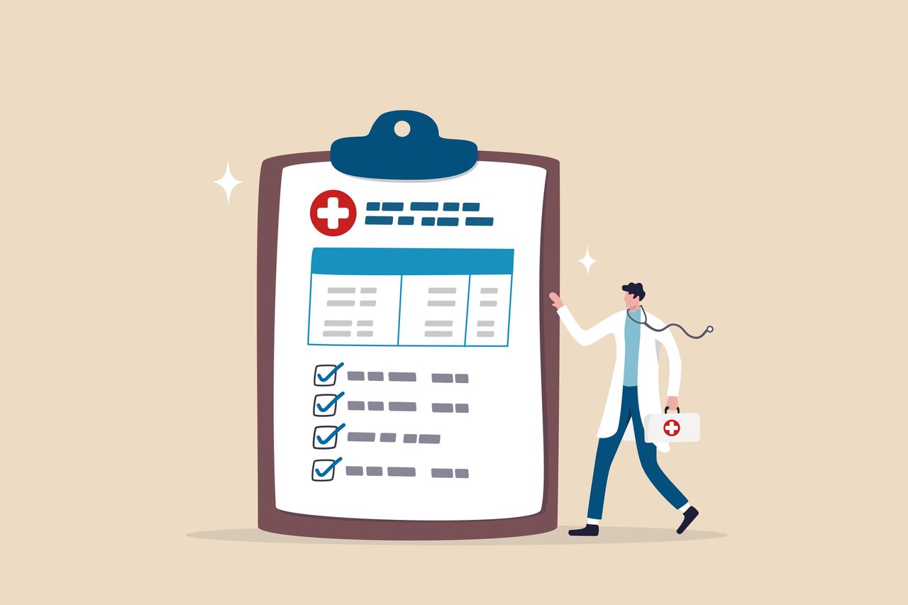 Medical clipboard, prescription or insurance document, health check or doctor diagnosis record, medicine or medicare checklist concept, doctor with stethoscope holding medical clipboard prescription.