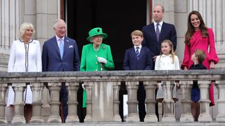 Camilla, Duchess of Cornwall, Prince Charles, Prince of Wales, Queen Elizabeth II, Prince George of Cambridge, Prince William, Duke of Cambridge, Princess Charlotte of Cambridge, Catherine, Duchess of Cambridge and Prince Louis of Cambridge on the balcony of Buckingham Palace