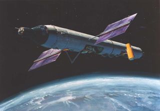 An artist's illustration of the Manned Orbiting Laboratory, a clandestine U.S. military space station project in the 1960s that was declassified in 2015.