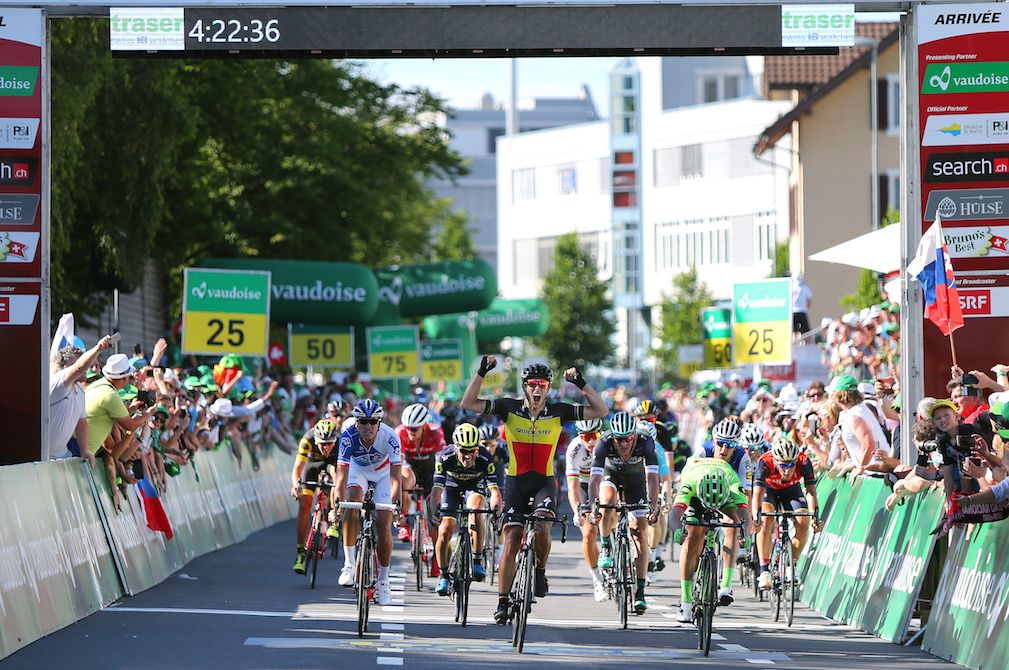 Philippe Gilbert wins the sprint to claim the second stage of the Tour de Suisse.