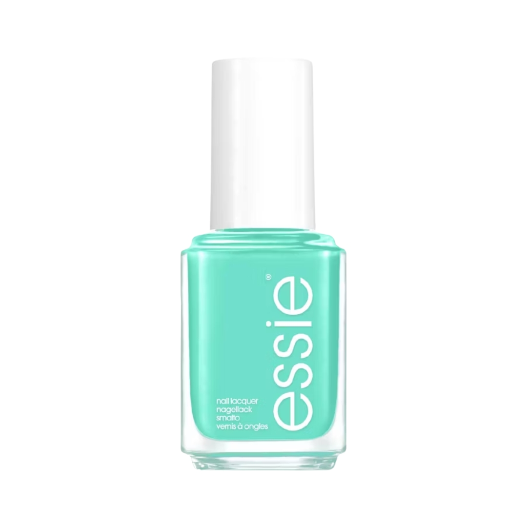 A product shot of Essie's nail polish in shade Riviera Rush (a bright turquoise colour), pictured on a white background