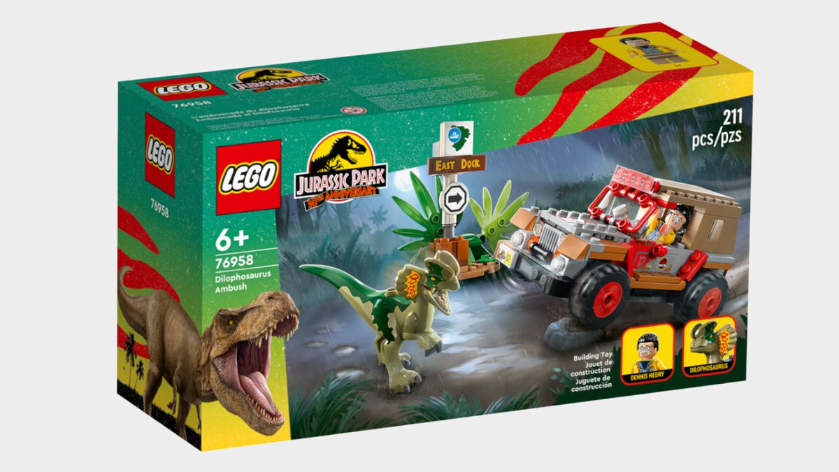 Lego Dilophosaurus Ambush set on a plain background