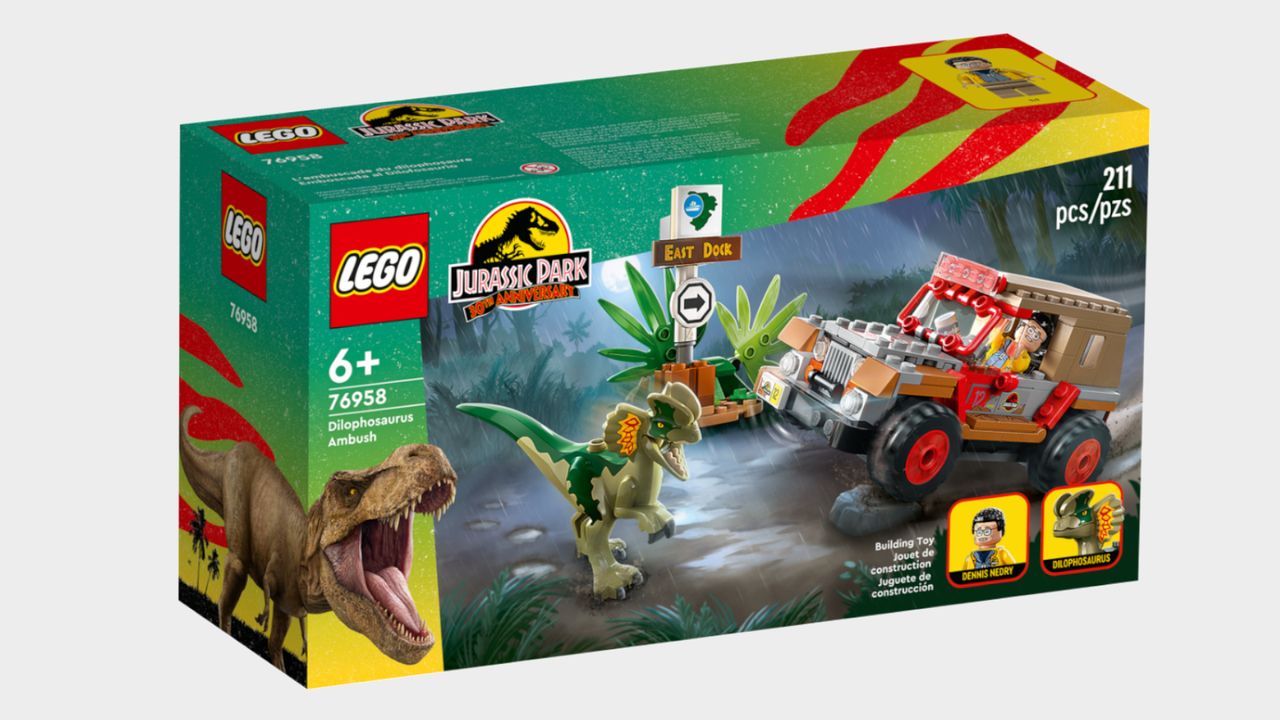 Lego Dilophosaurus Ambush set on a plain background