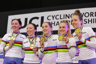 2023 UCI Cycling World Championships: Katie Archibald, Elinor Barker, Josie Knight, Anna Morris, Megan Barker of Great Britain receiving their gold medals after their victory in the Women's Elite Team Pursuit final