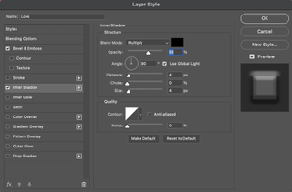 Screenshot of effect controls panel in Photoshop with 'Bevel & Emboss' and 'Inner Shadow' selected.