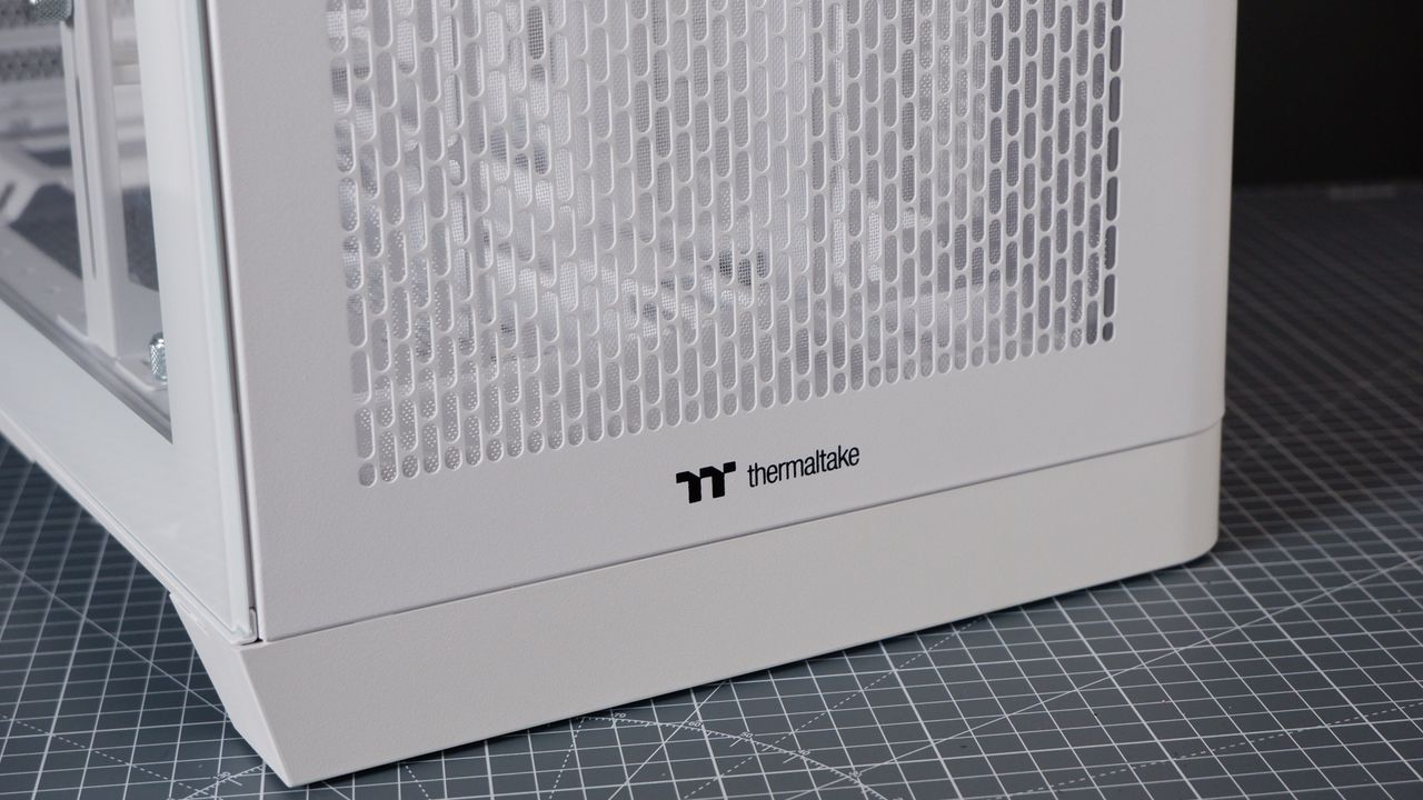 Thermaltake View 390 Air chassis on a desk. We're building a PC into it for testing and comparison with other PC cases.