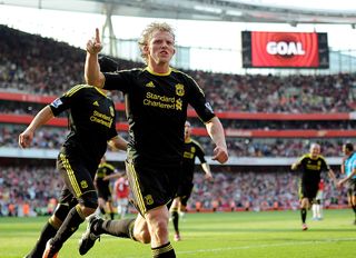 Dirk Kuyt of Liverpool celebrates after scoring the equlising goal at the end of the Barclays Premier League match between Arsenal and Liverpool at The Emirates Stadium at on April 17, 2011 in London, England.