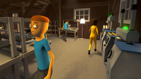 Schedule 1 employees - Two handlers and a chemist mixing and packaging product. One handler is walking past the camera, looking at it out of the corner of their eyes.