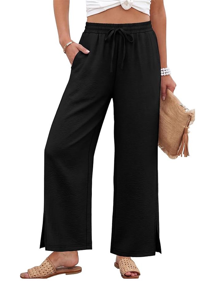 Sampeel, Sampeel Wide Leg Pants Woman Palazzo Trousers for Women With Pockets Flowy Summer Beach Vacation Fashion Clothing Dressy Casual Lounge Resort Wear Black M