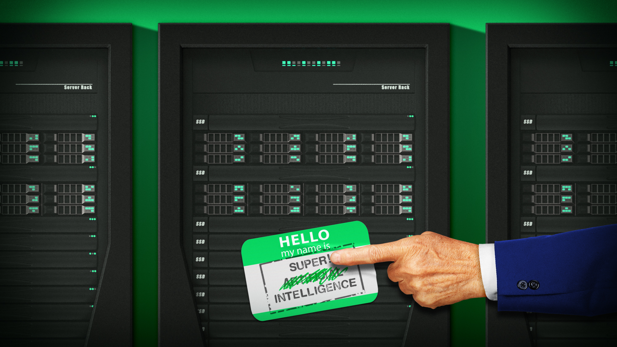 Illustration of Donald Trump pointing at the "Super Intelligence" name sticker on a data centre server rack