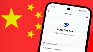 A phone showing the DeepSeek app in front of the Chinese flag