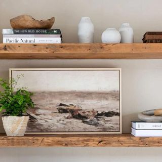 A painting on a set of wooden shelves