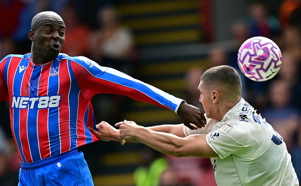 Nottingham Forest's Nikola Milenkovic pulls on the shirt of Crystal Palace's Jean-Philippe Mateta
