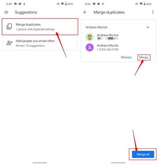 Completion of suggested Contact merging with Google Contacts