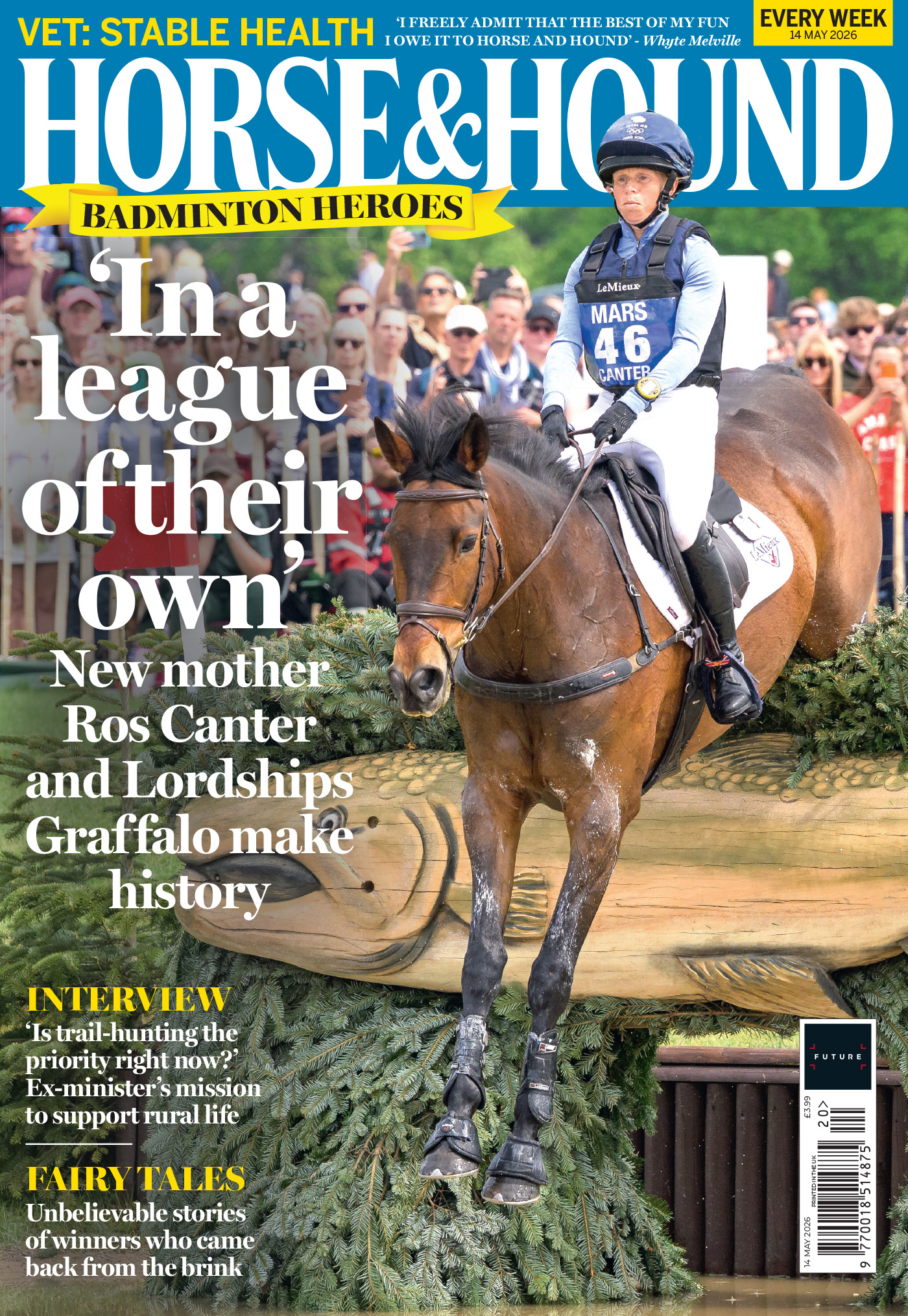 cover of Horse &amp; Hound featuring Ros Canter and Lordships Graffalo jumping into a lake at Badminton