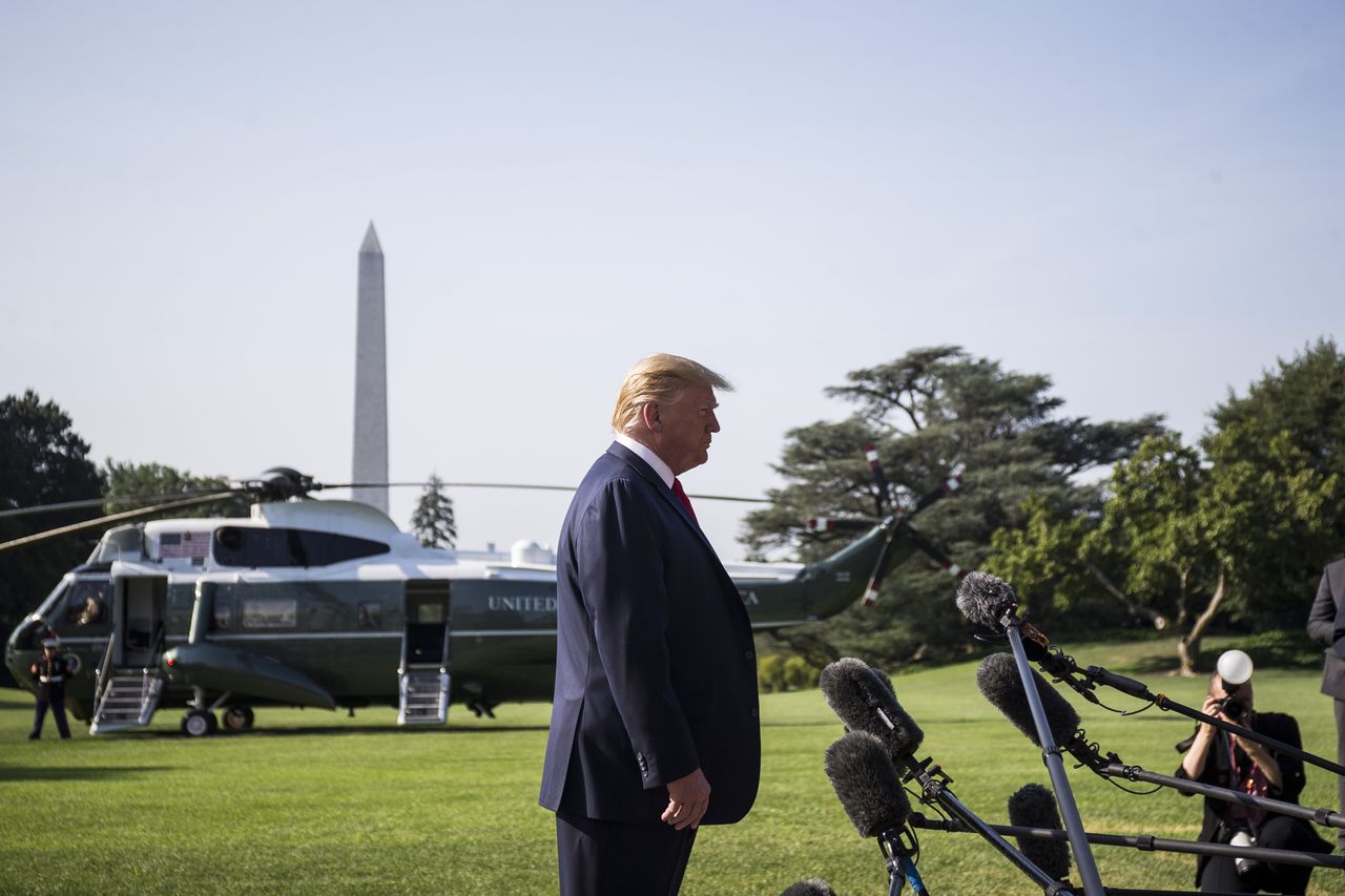 WASHINGTON, DC - AUGUST 07: President Donald Trump speaks to members of the press before departing from the White House en route to Dayton, Ohio and El Paso, Texas on August 7, 2019 in Washin