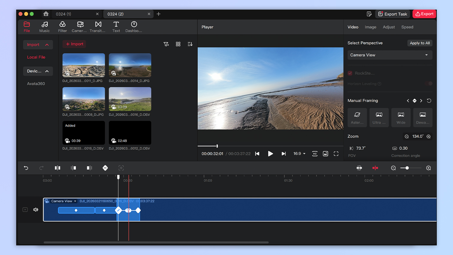 DJI Avata 360 editing software screenshots