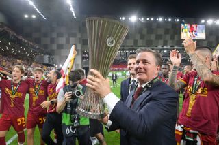 Roma President Dan Friedkin poses with trophy after the UEFA Conference League final match between AS Roma and Feyenoord at Arena Kombetare on May 25, 2022 in Tirana, Albania.