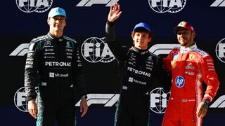 Pole position qualifier Andrea Kimi Antonelli of Italy and Mercedes AMG Petronas F1 Team Second placed qualifier George Russell of Great Britain and Mercedes AMG Petronas F1 Team and Third placed qualifier Lewis Hamilton of Great Britain and Scuderia Ferrari