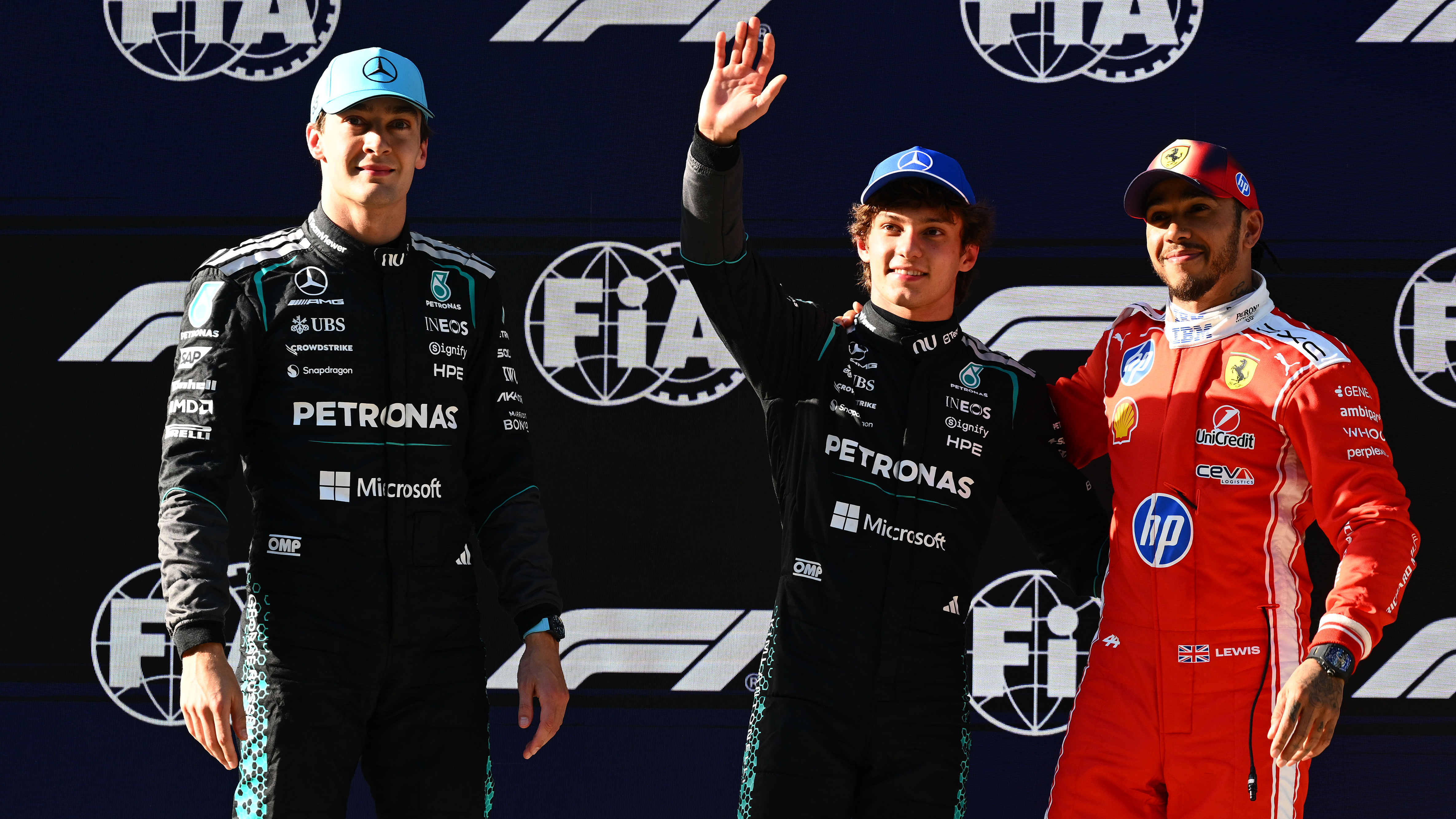 Pole position qualifier Andrea Kimi Antonelli of Italy and Mercedes AMG Petronas F1 Team Second placed qualifier George Russell of Great Britain and Mercedes AMG Petronas F1 Team and Third placed qualifier Lewis Hamilton of Great Britain and Scuderia Ferrari
