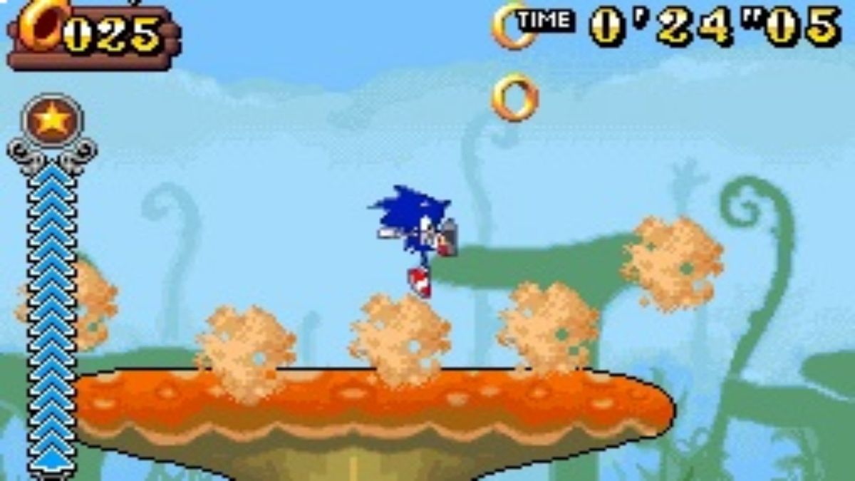 In Sonic Rush Adventure, Sonic jumps across a big mushroom platform to reach gold rings in the air