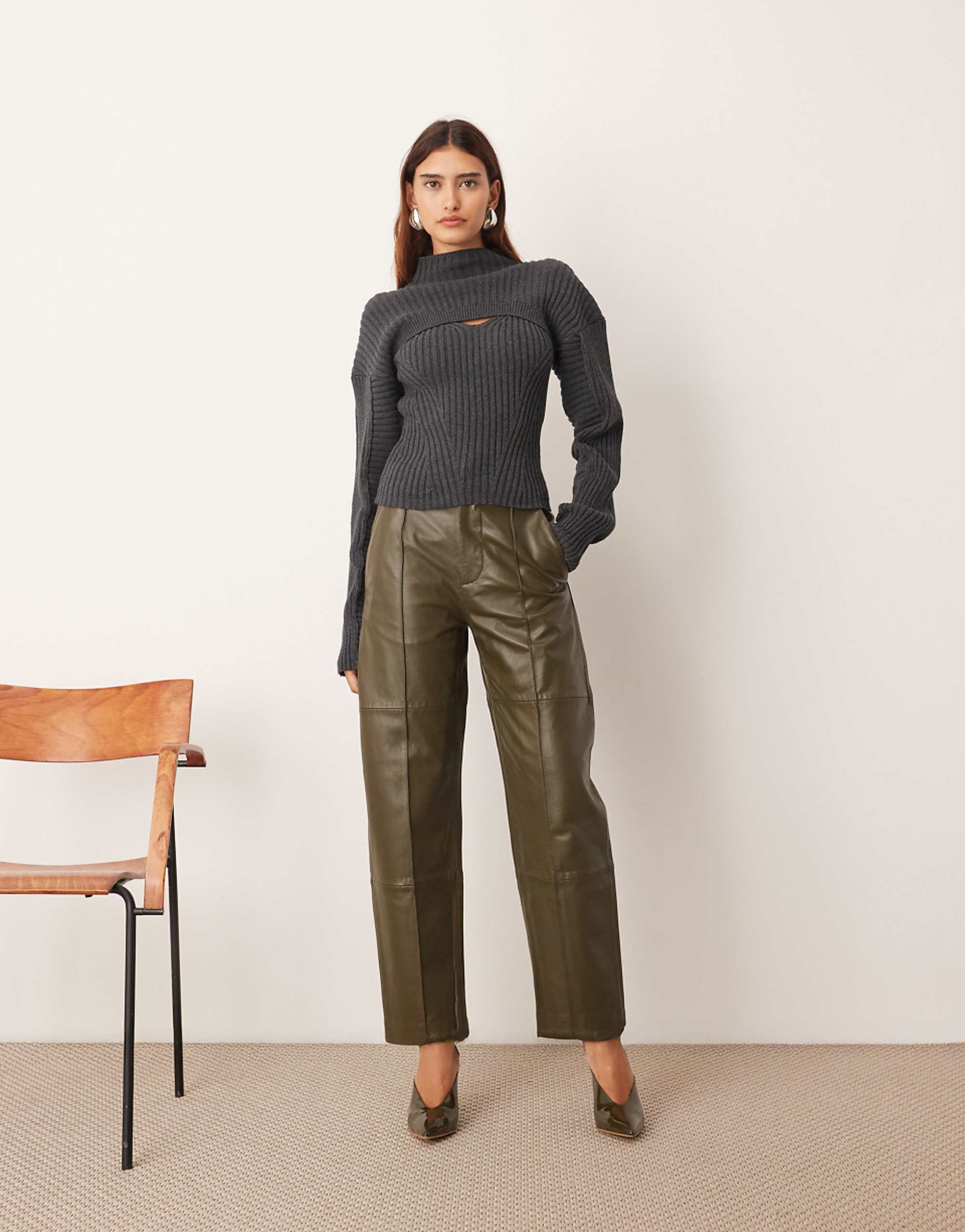 Arrange Leather Slim Trouser in Olive Green
