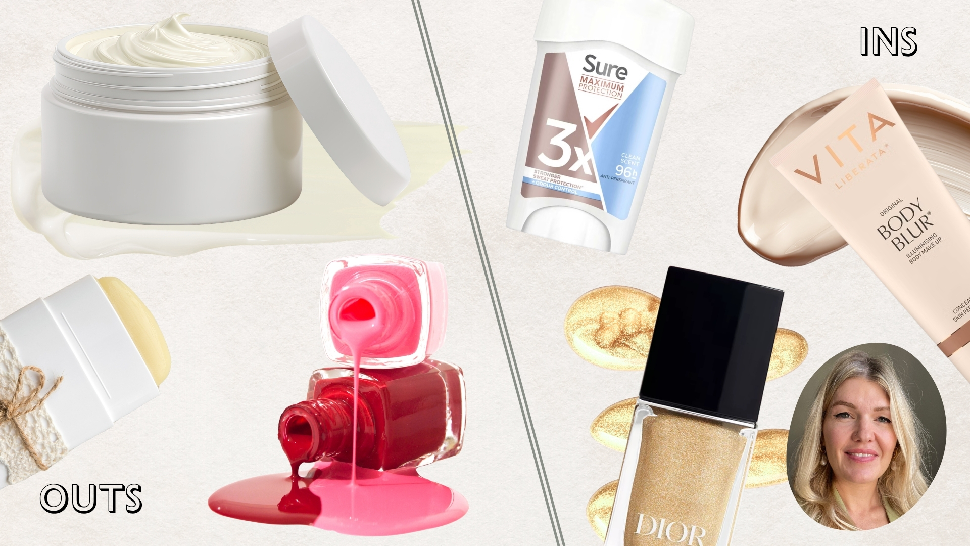 Fiona's beauty outs for the heatwave (L-R) include body moisturiser, natural deodorants and gel salon pedicures, ins (R) include DIY pedicures, heavy-duty deodorants and instant body makeup.