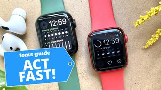 A pair of Apple Watch Series 7 smartwatches with a Tom's Guide deal tag
