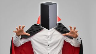 Man dressed as vampire with Xbox Series X for a head