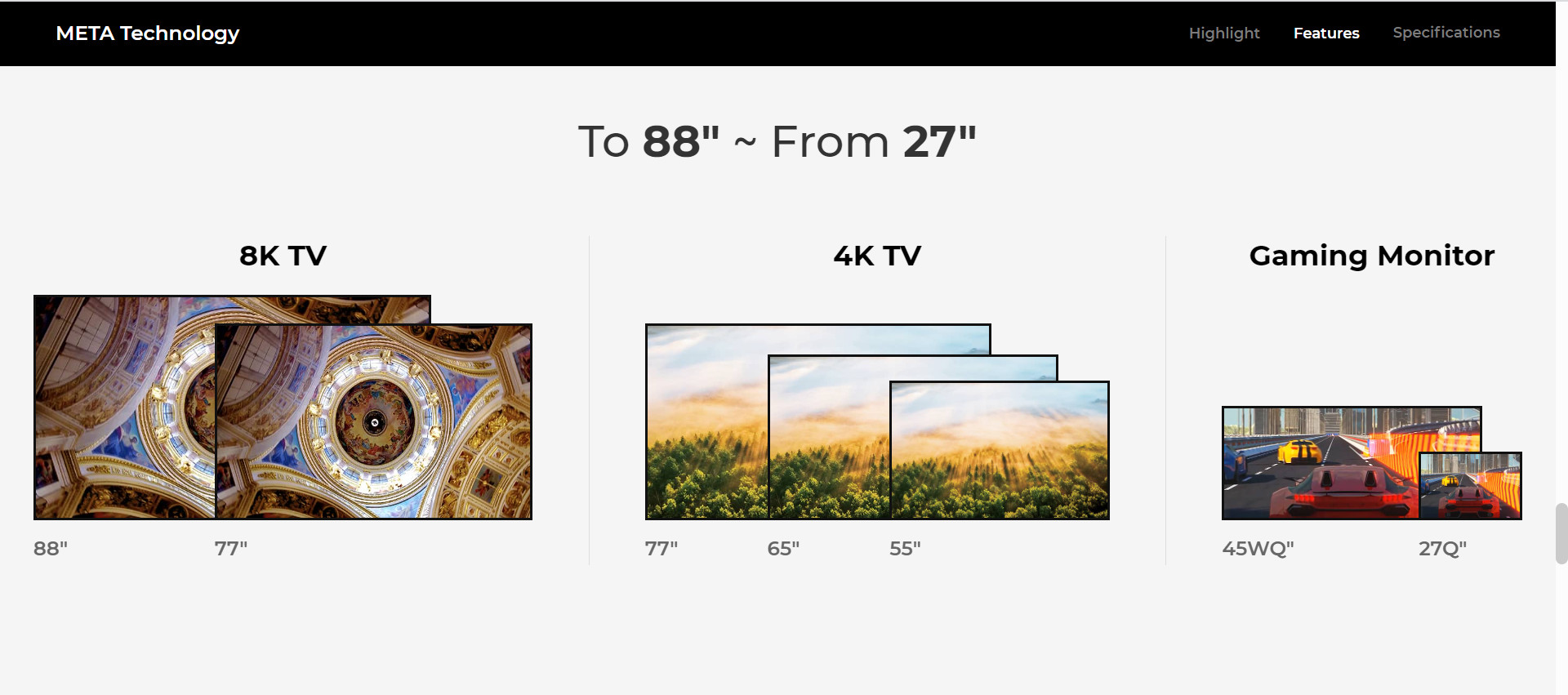 Screen sizes of LG META OLED products